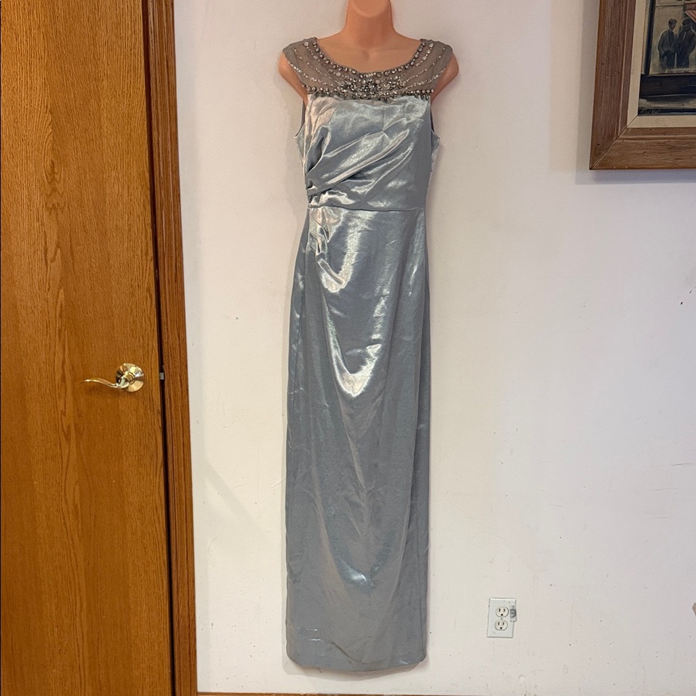 Vintage 40s Inspired Light Blue Satin Papell Slitted Formal Gown Prom Maxi Dress